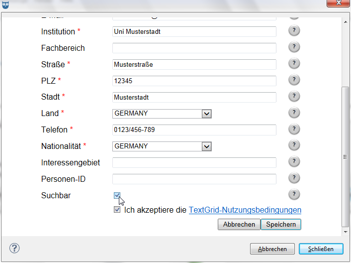 Nutzerinformationen vervollständigen und TextGrid-Nutzungsbedingungen akzeptieren